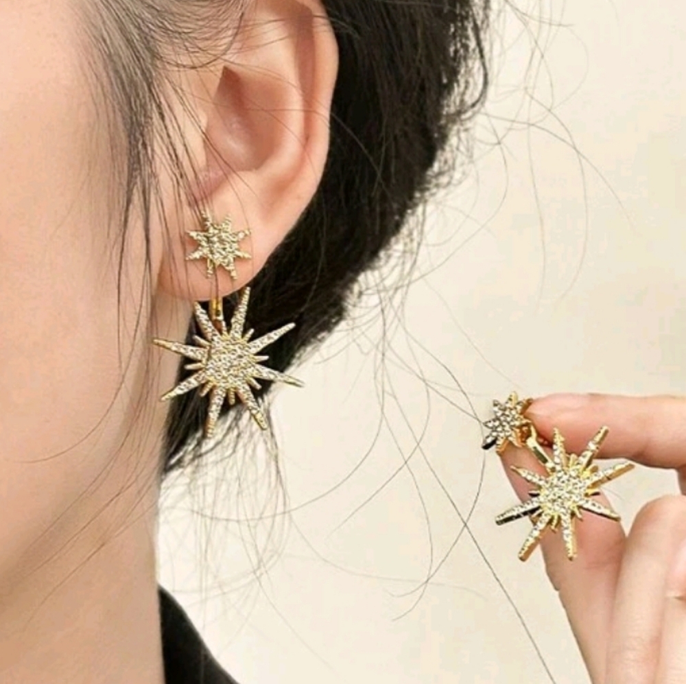 NEW!! 14K Gold Plated Celestial Diamond Starburst Post Earrings